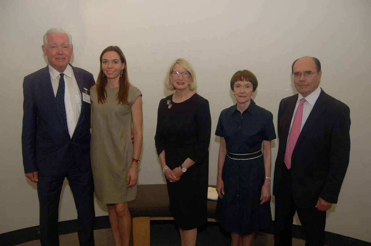 Bruce Museum’s Executive Director Peter Sutton with four new members of the Board of Trustees, Julia Nusseibeh, Rebecca Gillan, Martha Zoubek and James Lockhart.