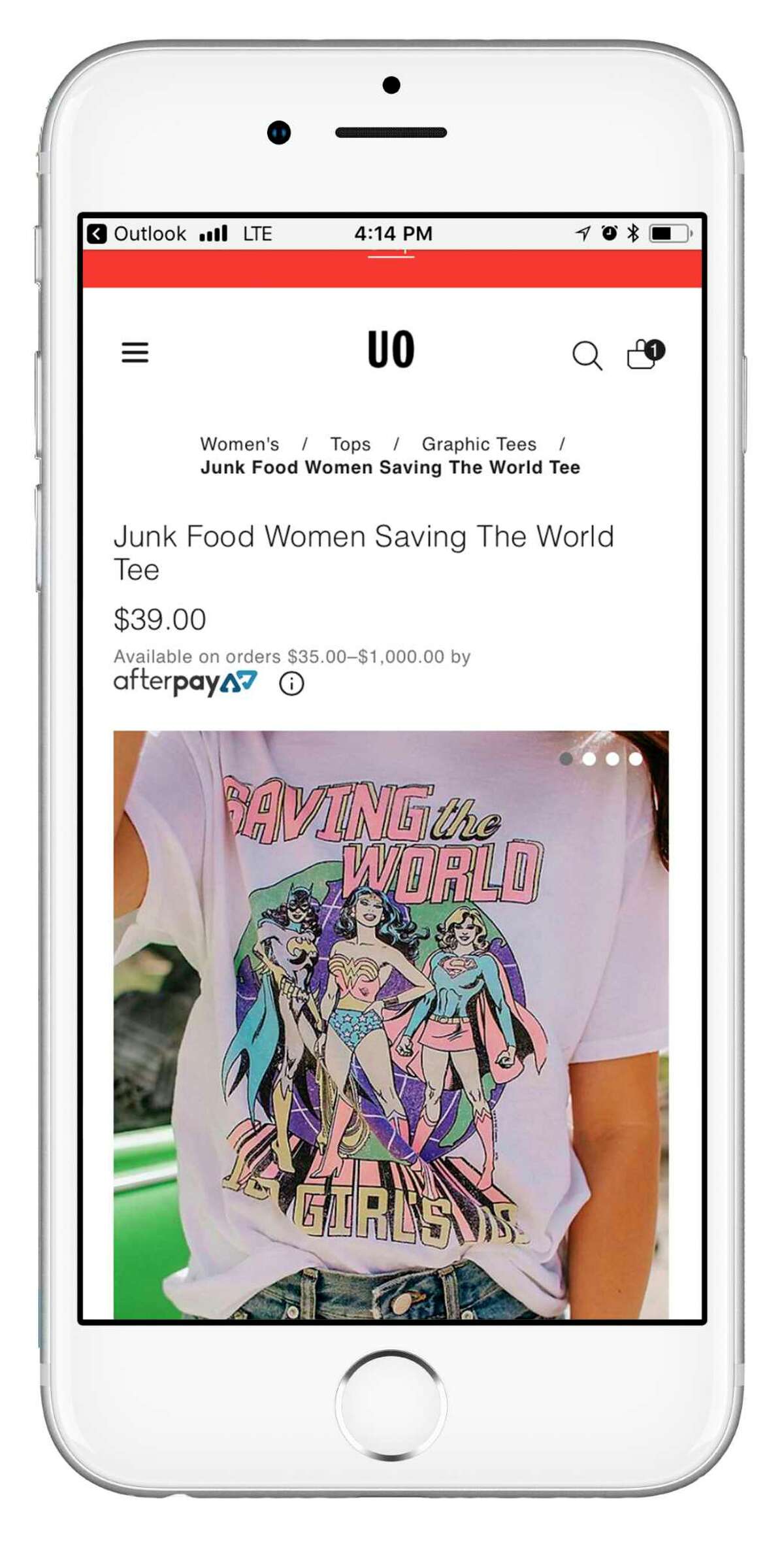 This undated image provided by Afterpay shows an advertisement for a T-shirt being sold by Urban Outfitters. The payment businesses are working with companies like Urban Outfitters or Expedia to give shoppers an alternative to traditional credit cards. Afterpay, which launched in the U.S. in May, hopes to replicate its adoption in Australia, where it says it processes more than 25 percent of all online fashion and beauty transactions. (Urban Outfitters via AP)