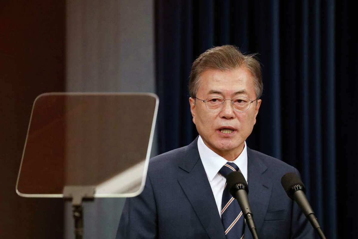 South Korean President Moon Jae-in at a news conference at the presidential Blue House in Seoul, South Korea, on May 27, 2018.