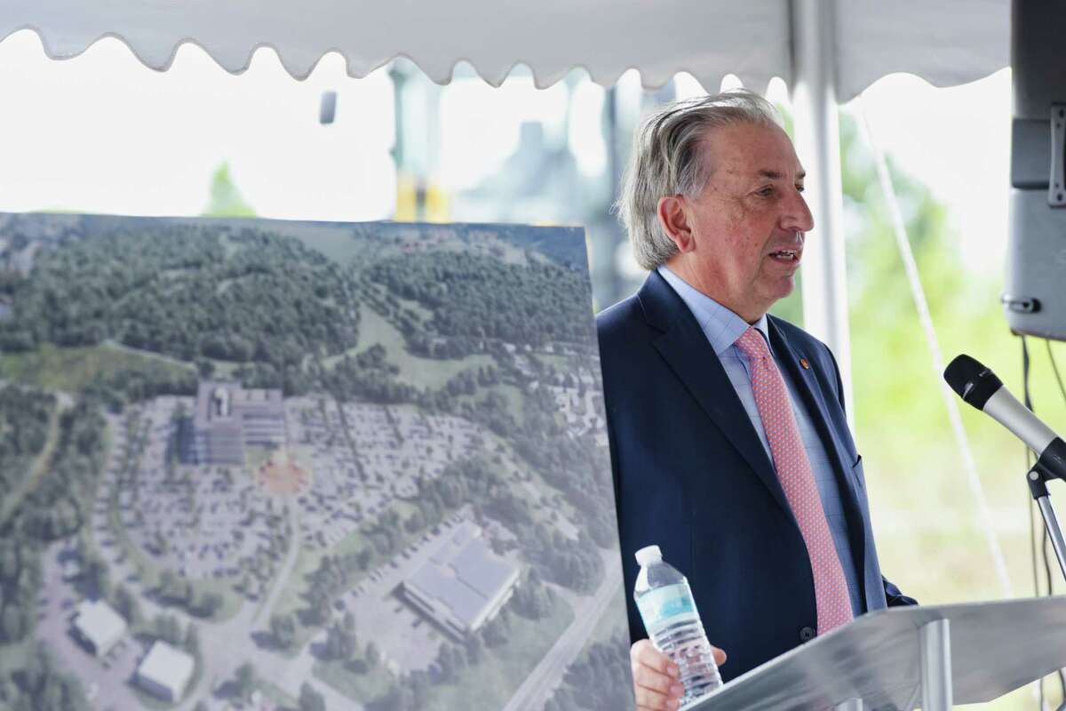 David Buicko, president and CEO of Galesi Group, addresses those gathered for a groundbreaking ceremony for new Ayco headquarters at the site of the former Starlite theater and Colonie Coliseum on Monday, Aug. 13, 2018, in Colonie, N.Y. (Paul Buckowski/Times Union)