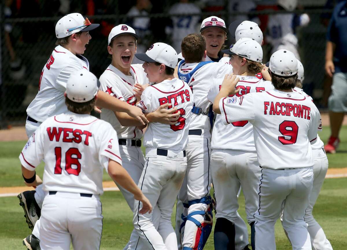 Members of Texas East Post Oak celebrate their win over Oklahoma at the Southwestern Regional Little League tournament Wednesday, Aug. 8, 2018, in Waco, Texas. (Rod Aydelotte/Waco Tribune Herald)