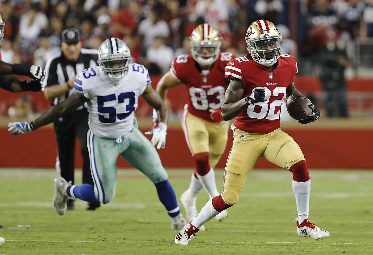 San Francisco 49ers wide receiver Richie James (13) reacts after