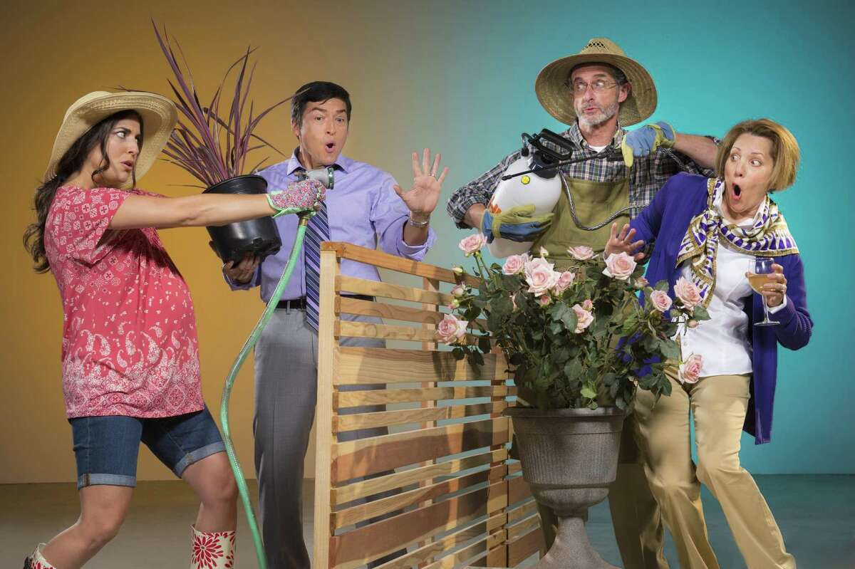 War is waged over flora and fauna when Tania (Marlene Martinez, left) and Pablo (Michael Evans Lopez) move in next to Frank (Jackson Davis) and Virginia (Amy Resnick) in Native Gardens, presented by TheatreWorks Silicon Valley.