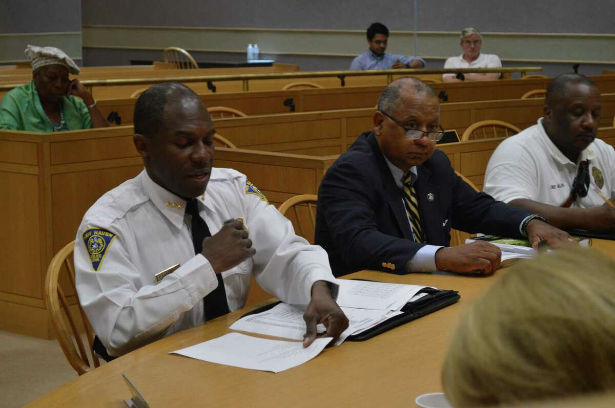 Fire Chief John Alston and Police Chief Anthony Campbell testified before the Aldermanic Finance Committee on overtime budgets Monday in New Haven.