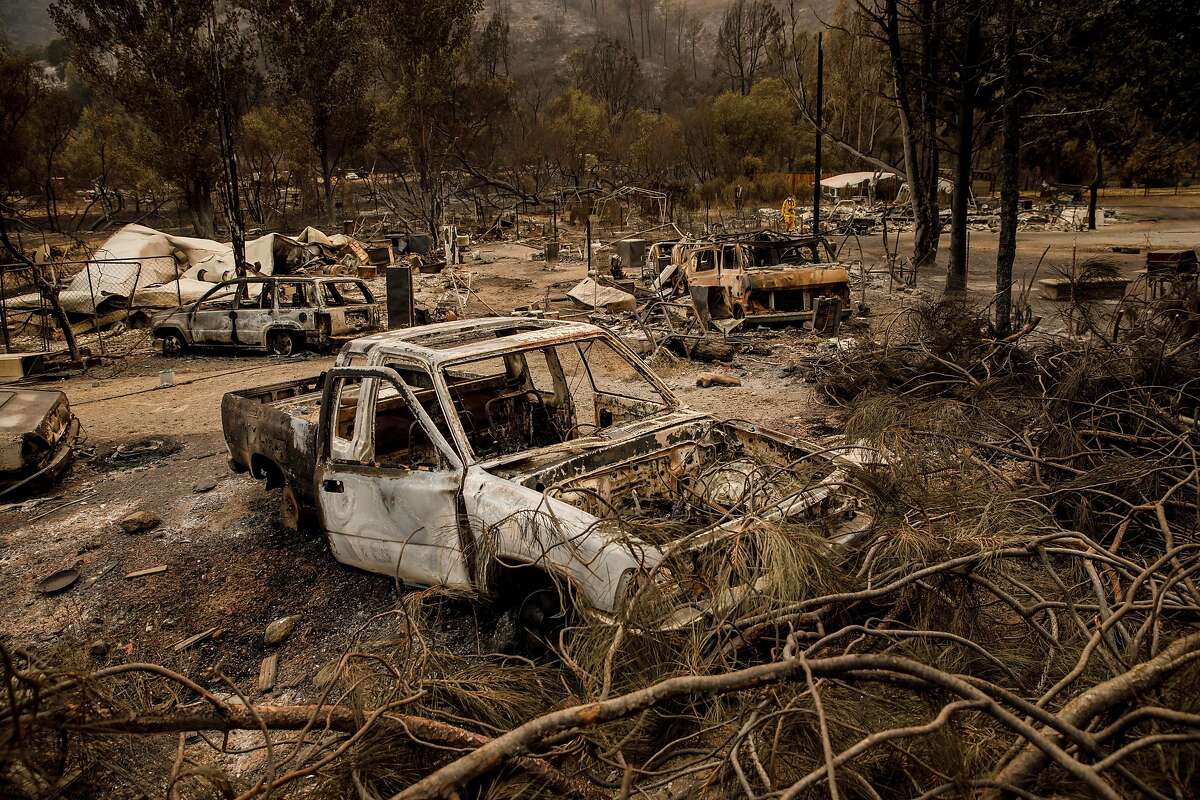 Structures, cars and property burned by the Mendocino Complex fire near Clearlake Oaks, Calif., on August 7, 2018. 