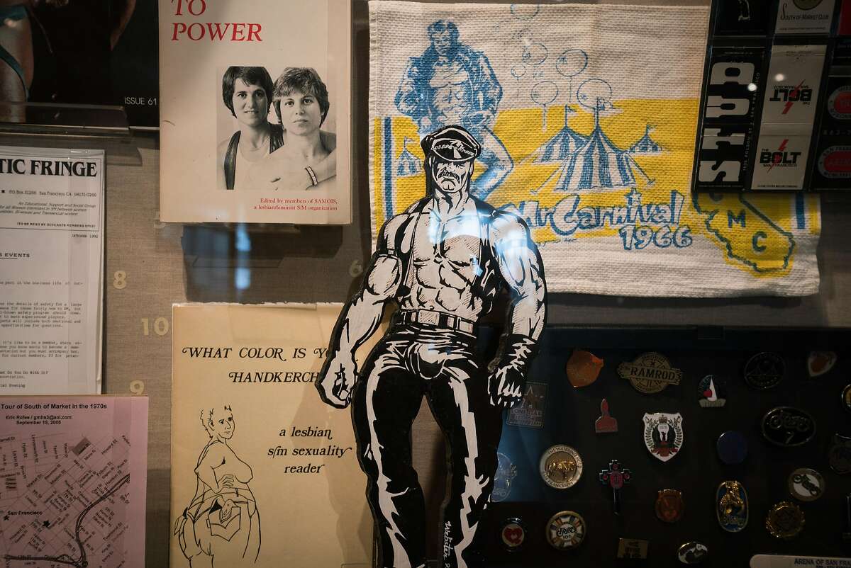 A display on gay leather culture is shown at the GLBT History Museum in San Francisco, Calif. on Monday, August 13, 2018. The exhibit uses archival materials and artifacts to share historical events of the GLBT community in San Francisco.