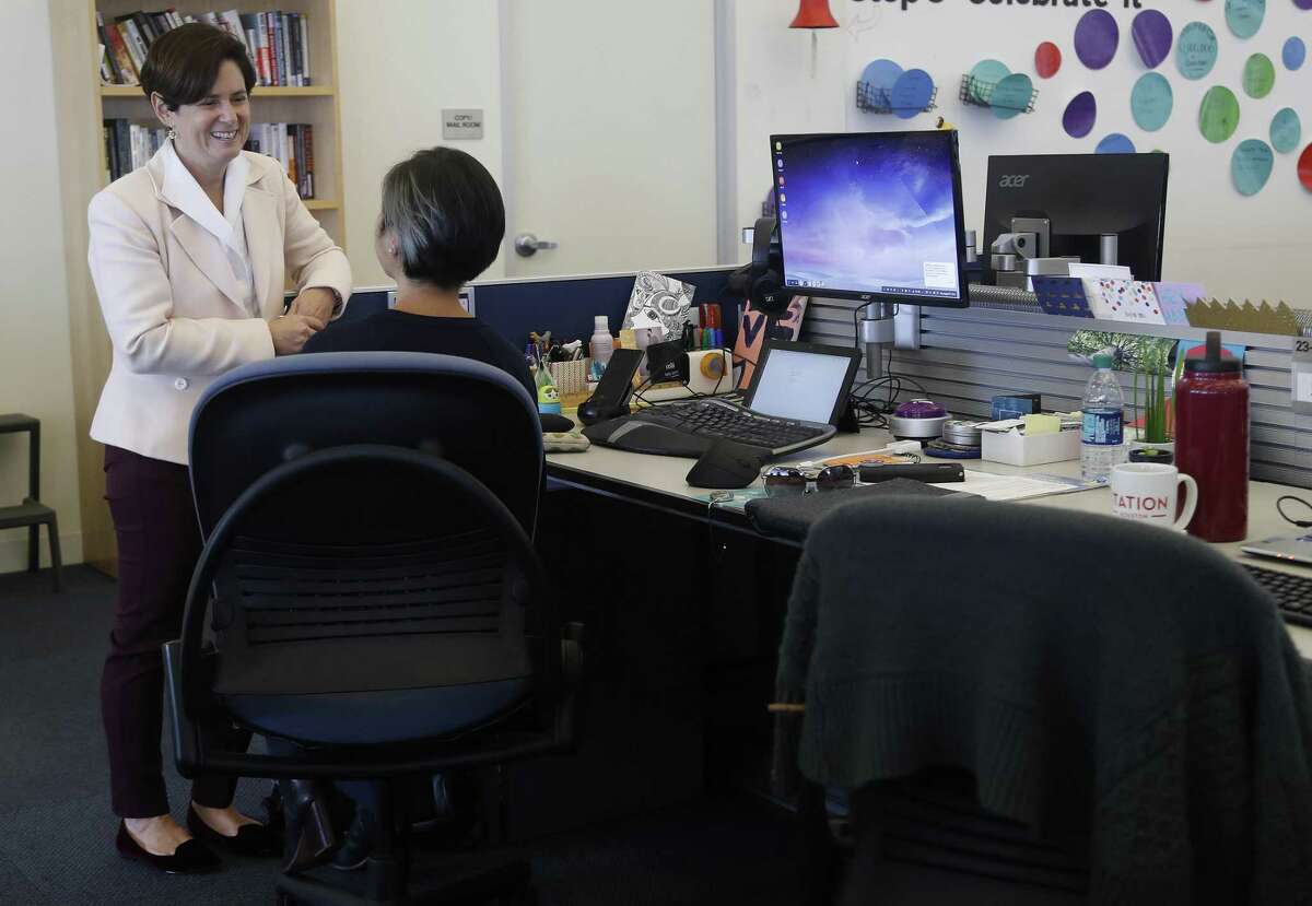 Station Houston CEO Gaby Rowe,left, chats with Grace Rodriguez in the Station Houston space, Tuesday, August 14, 2018, in Houston.