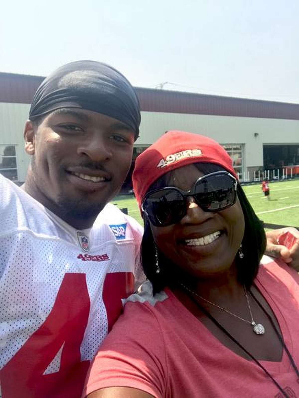 D.J. Reed and his mom, Linda, at the 49ers' facility in Santa Clara.