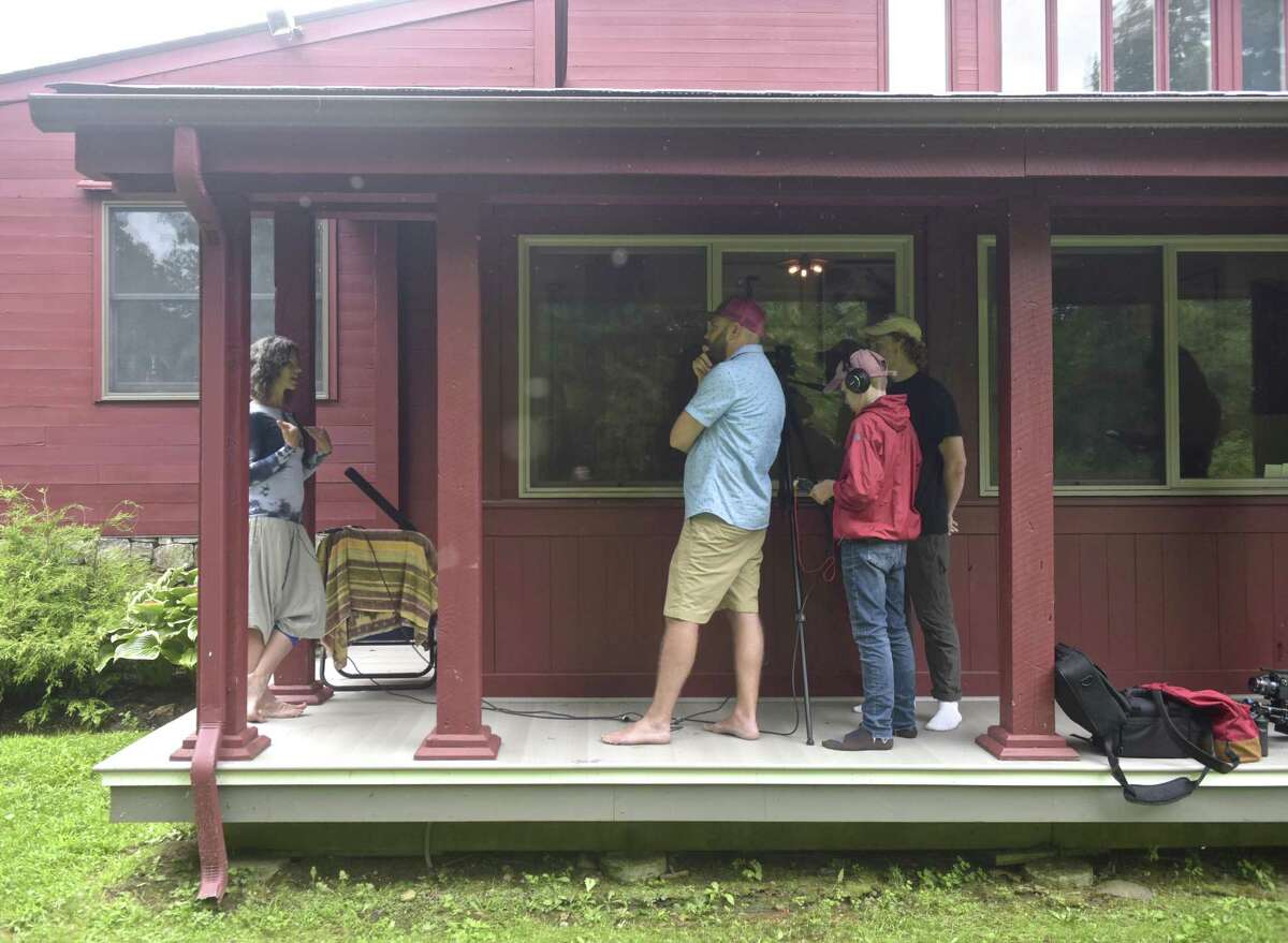 Dillon Paul, left, is interviewed by Ben Willis, Maxfield Branson and Cole Branson. Students from a film studies program at Marvelwood School, in Kent, are making a short film for the National Park Service. Saturday, August 11, 2018, in Kent, Conn. Willis created the video exploration program.