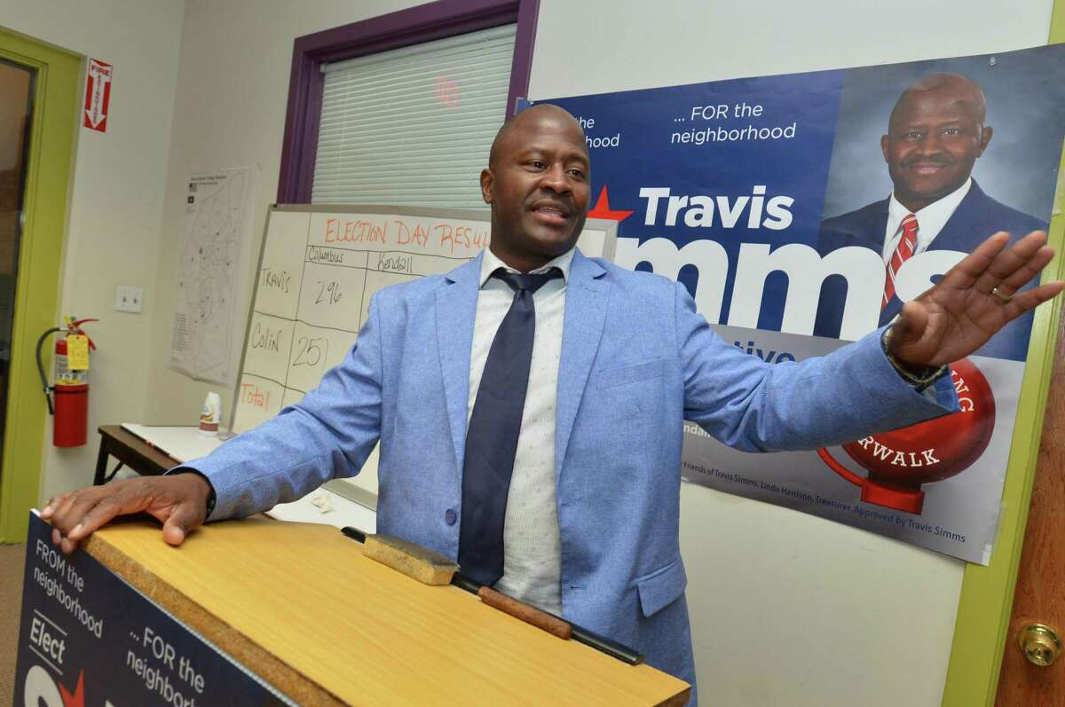 Travis Simms thanks his campaign workers, family and friends after claiming victory for the Democratic House of Representatives seat in the 140th district on Tuesday August 14, 2018 in Norwalk Conn.