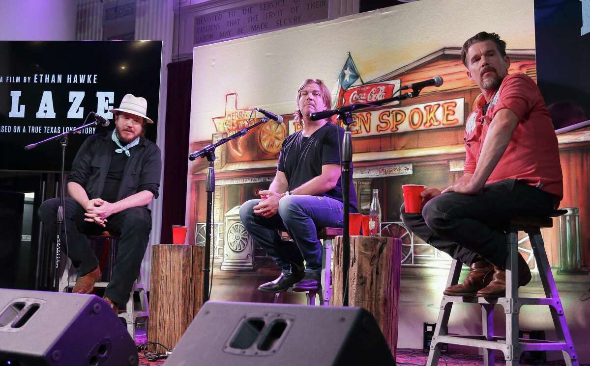 Ben Dickey, Jack Ingram and Ethan Hawke answer questions during the Sundance Selects Presents Ethan Hawke's “Blaze” at Rockefellers in Houston.
