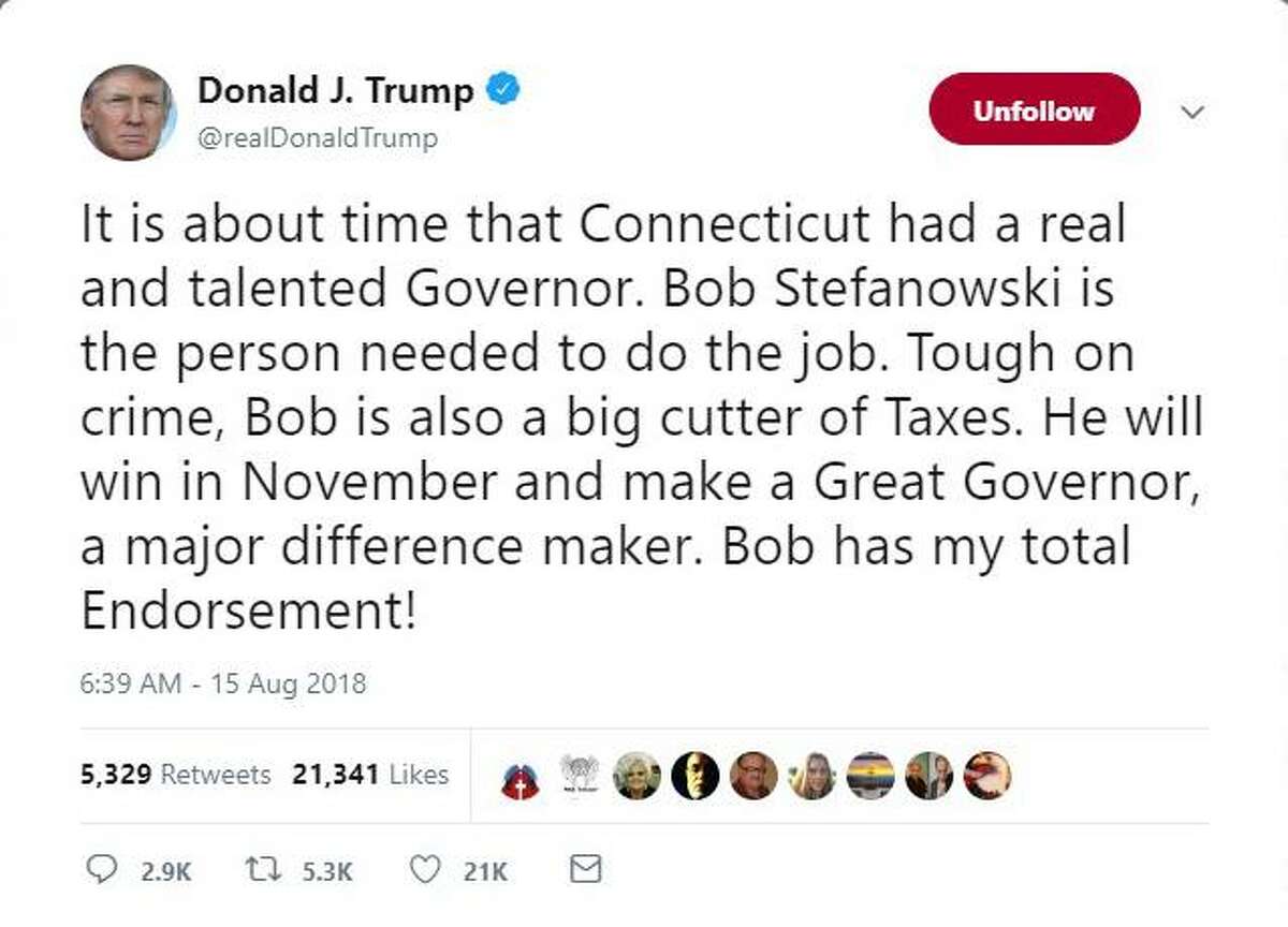 President Donald Trump endorsed Bob Stefanowski, Connecticut's Republican nominee for governor, in a tweet early Wednesday morning.