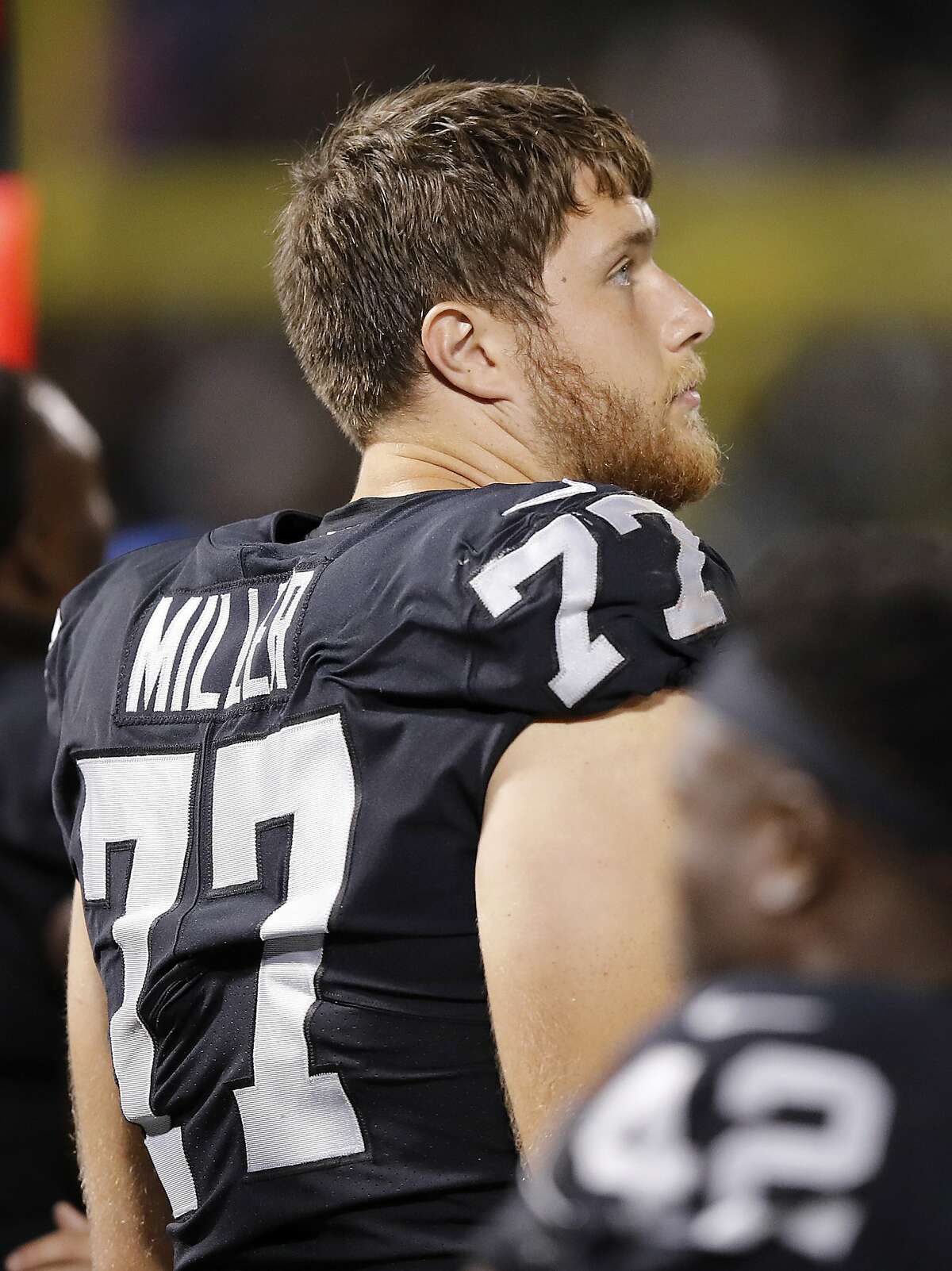 Oakland Raiders offensive tackle Kolton Miller (77) during the second half of an NFL preseason football game against the Detroit Lions in Oakland, Calif., Friday, Aug. 10, 2018. (AP Photo/John Hefti)