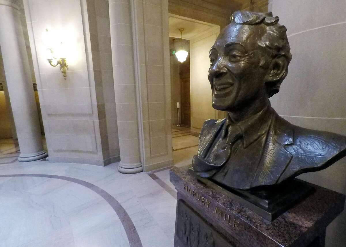 The bust of Harvey Milk in San Francisco City Hall stands in space that popular for wedding ceremonies. It was unveiled in 2008.