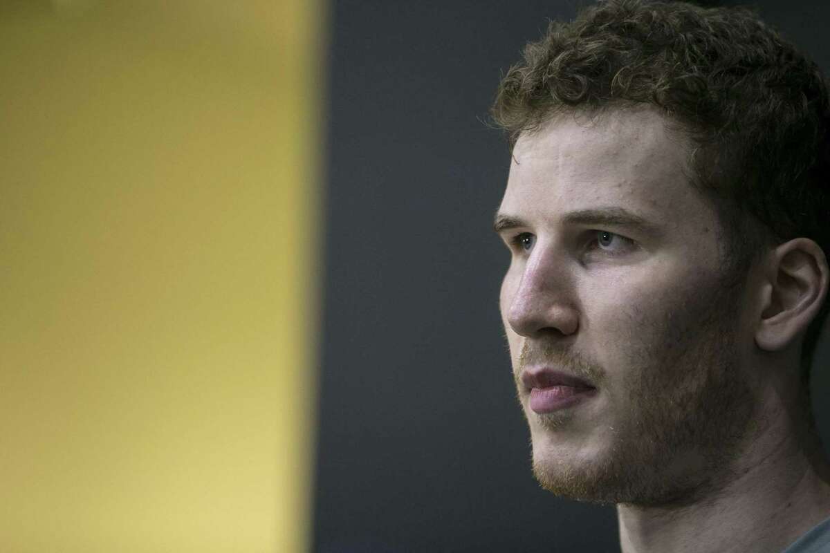 Jakob Poeltl speaks to the media at the San Antonio Spurs practice facilityAug. 16, 2018. The seven foot Austrian center will join the Spurs for his first season in San Antonio this year.