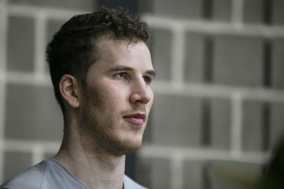 Jakob Poeltl speaks to the media at the San Antonio Spurs practice facilityAug. 16, 2018. The seven foot Austrian center will join the Spurs for his first season in San Antonio this year.