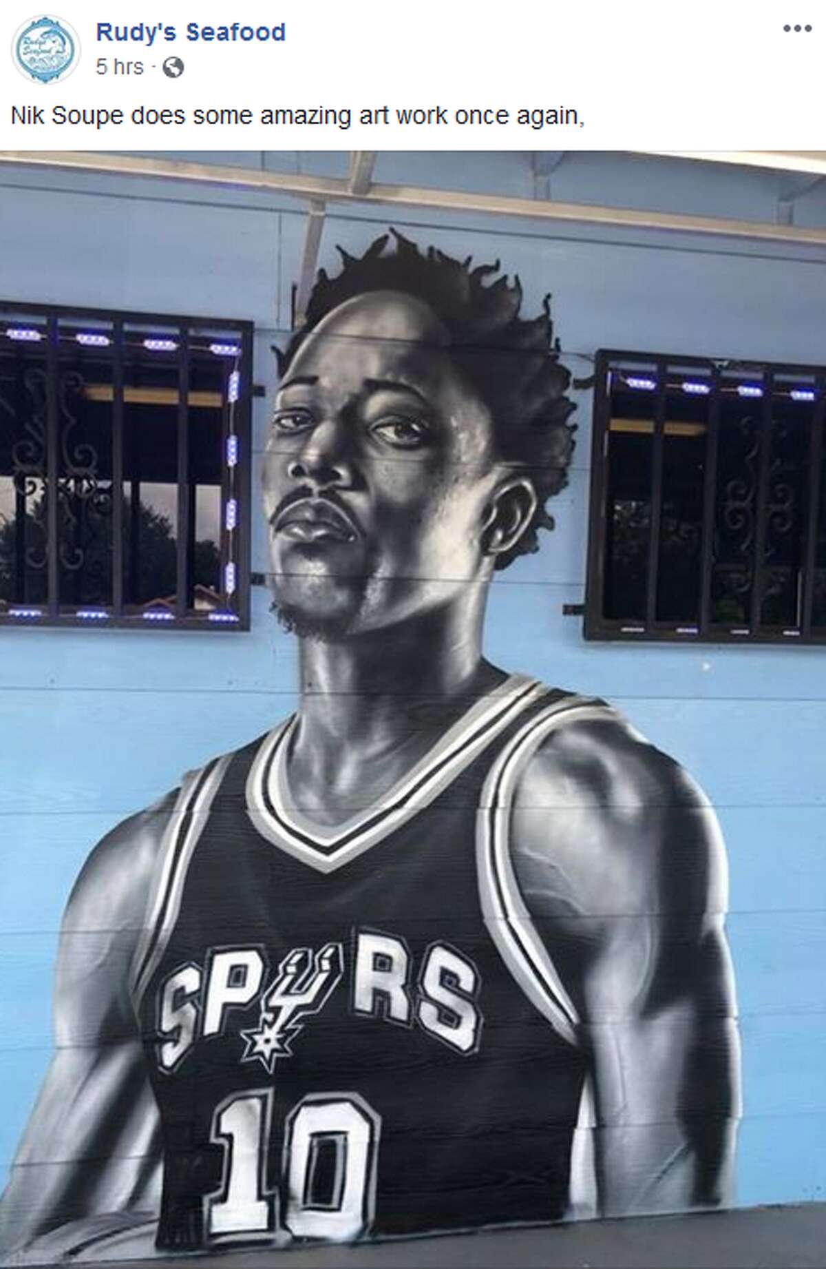 New Spurs DeMar DeRozan and team legend George Gervin were adding to the growing Silver & Black mural at Rudy's Seafood this week.