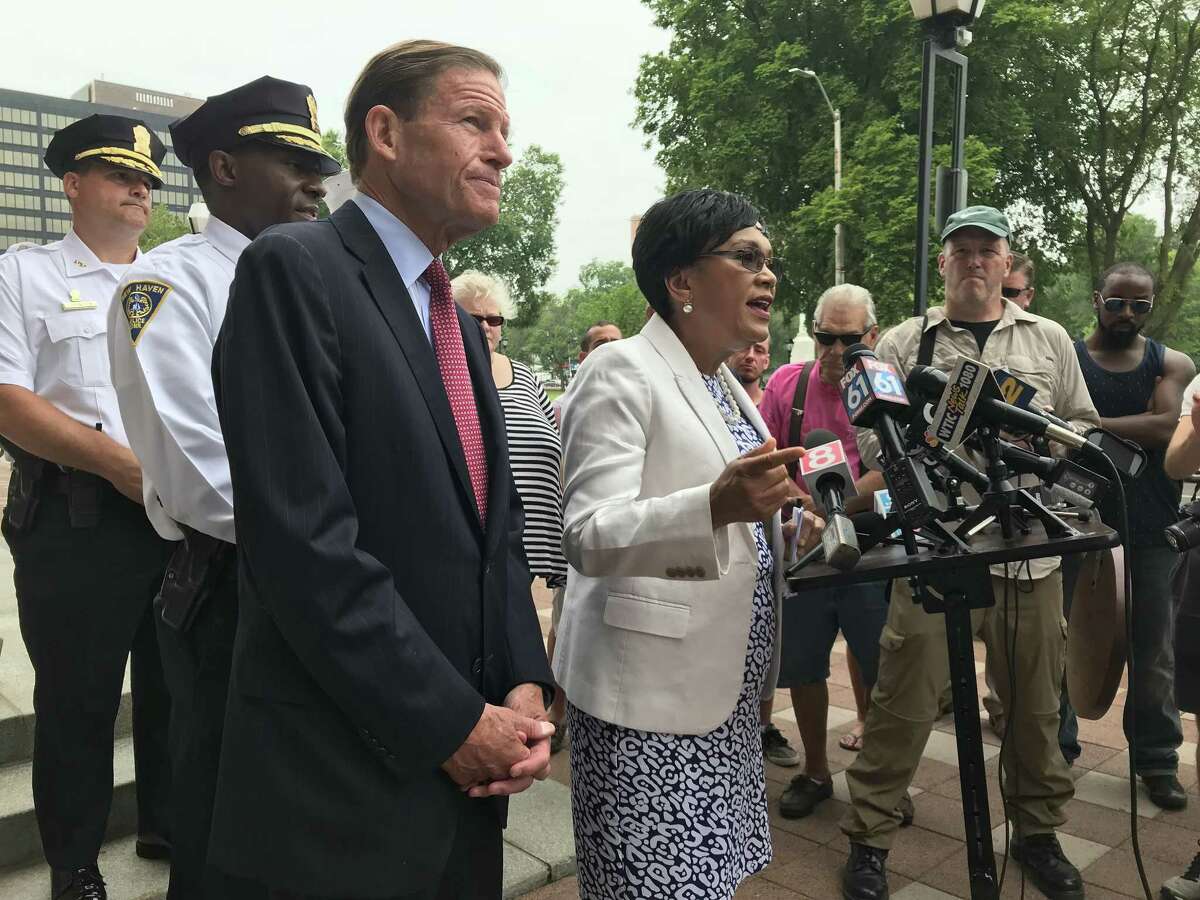 U.S. Sen. Richard Blumenthal, New Haven Mayor Toni N. Harp, and Police Chief Anthony Campbell address the media Friday about the mass of overdoses that have occurred on and around the city Green.