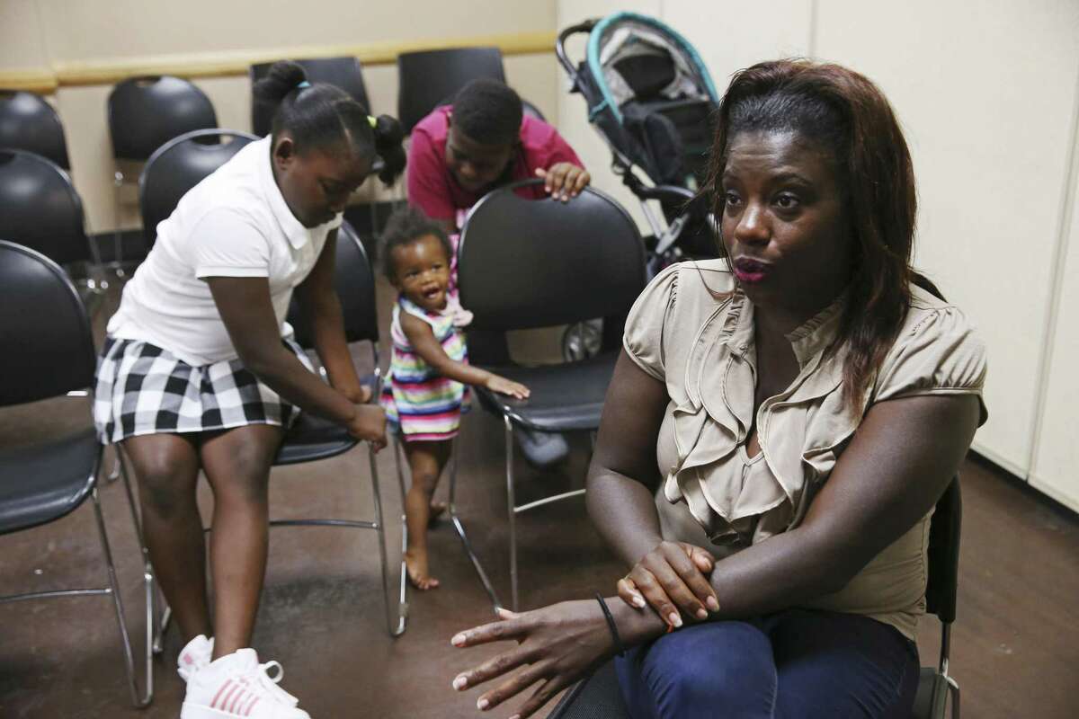 Deiadra Sturgis, 33, talks about her eviction during an interview at Haven for Hope, Wednesday, August 15, 2018. Sturgis and her children were living in her boyfriend's apartment when he left them for another woman. Not able to pay the rent, they were evicted in late June and have lived at Haven since June 25.