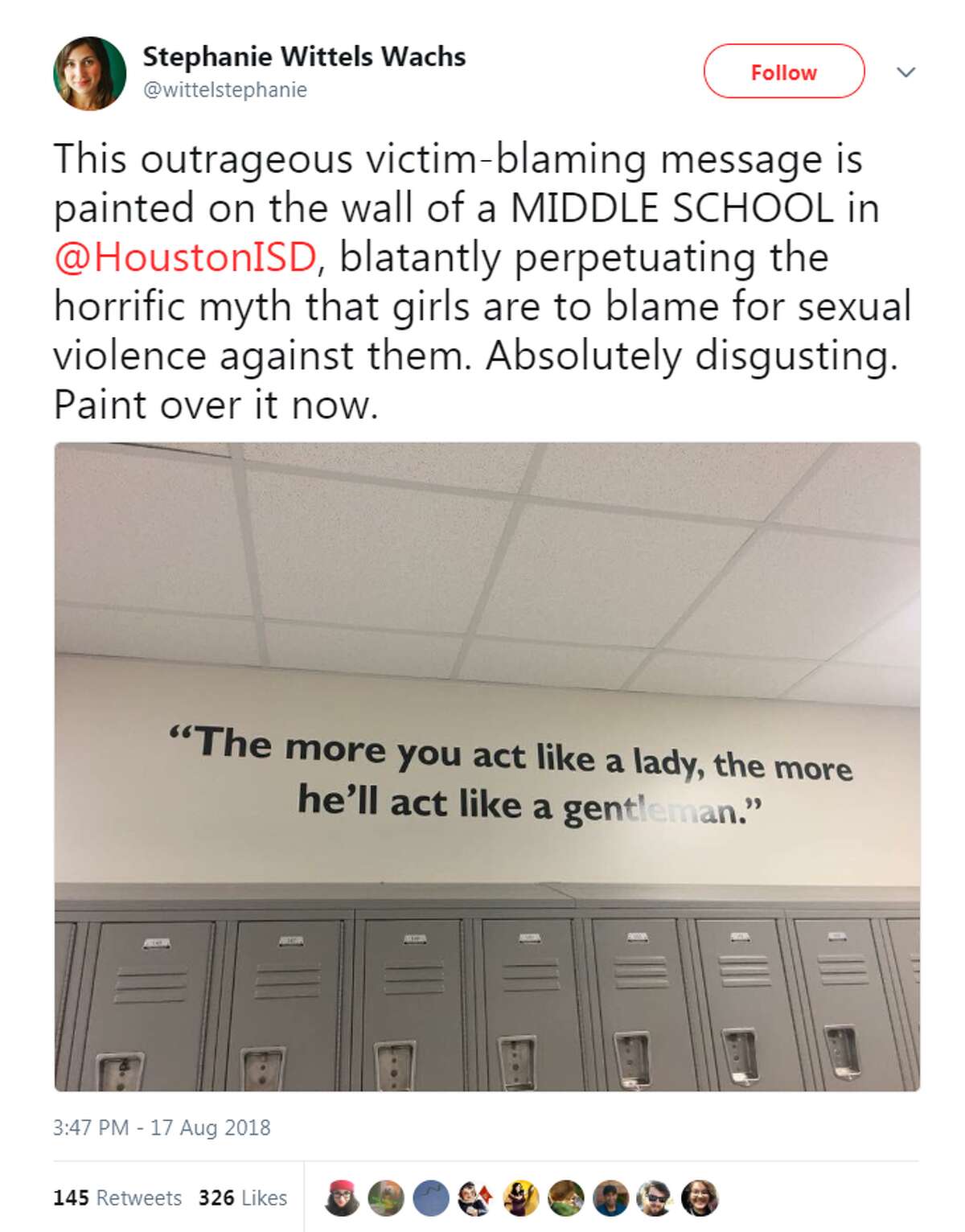 Houston ISD school Gregory Lincoln is drawing criticism online for featuring the following quote in its hallway: "The more you act like a lady, the more he'll act like a gentleman."