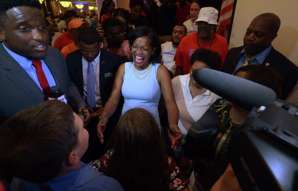 Jahana Hayes, celebrates her Democratic primary win for the 5th Congressional District on Tuesday night in Waterbury.