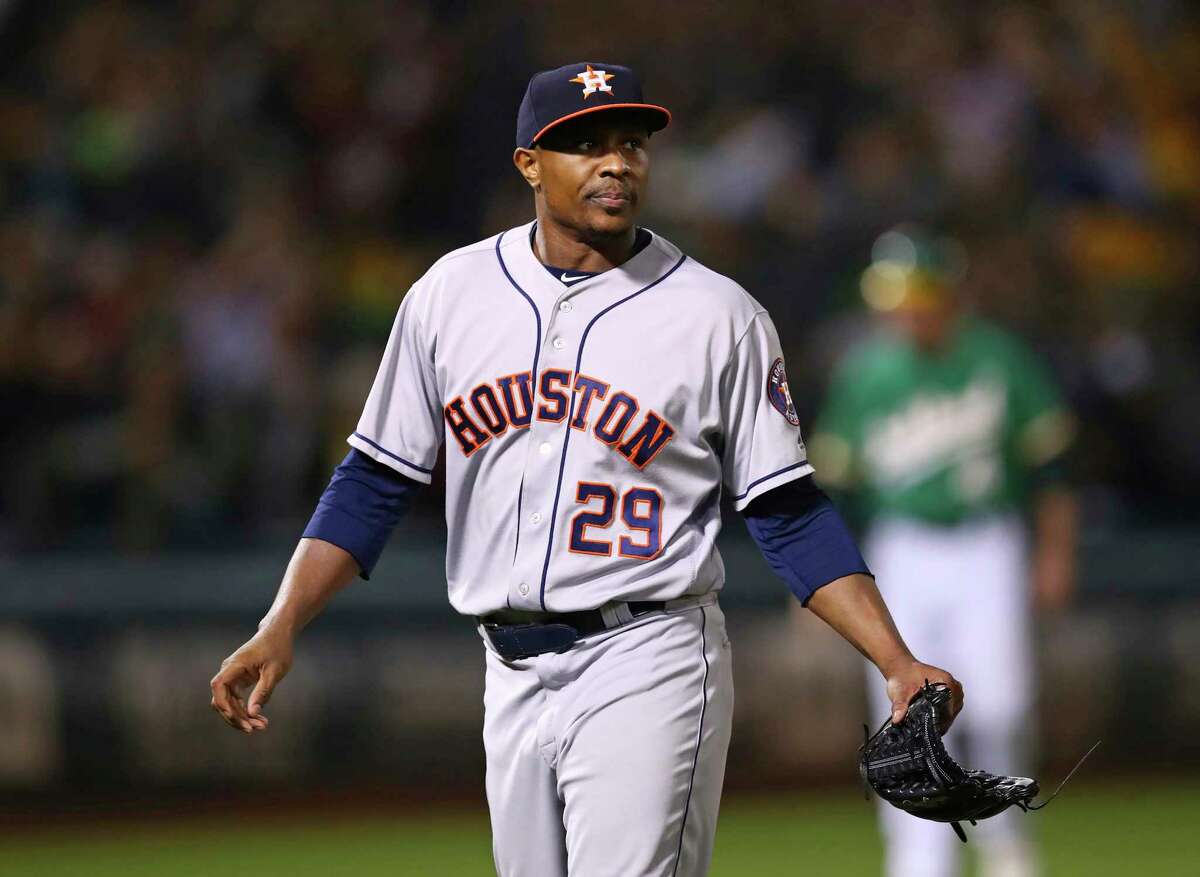 Houston Astros' Tony Sipp walks off the field after allowing the game winning home run to Oakland Athletics' Matt Olson in the tenth inning of a baseball game Friday, Aug. 17, 2018, in Oakland, Calif. (AP Photo/Ben Margot)