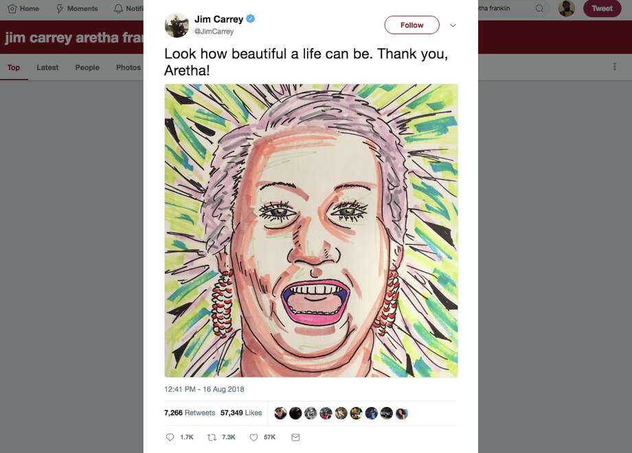   Jim Carrey goes back for a cartoon that he drew from Aretha Franklin. Photo: Screengrab Via Twitter 