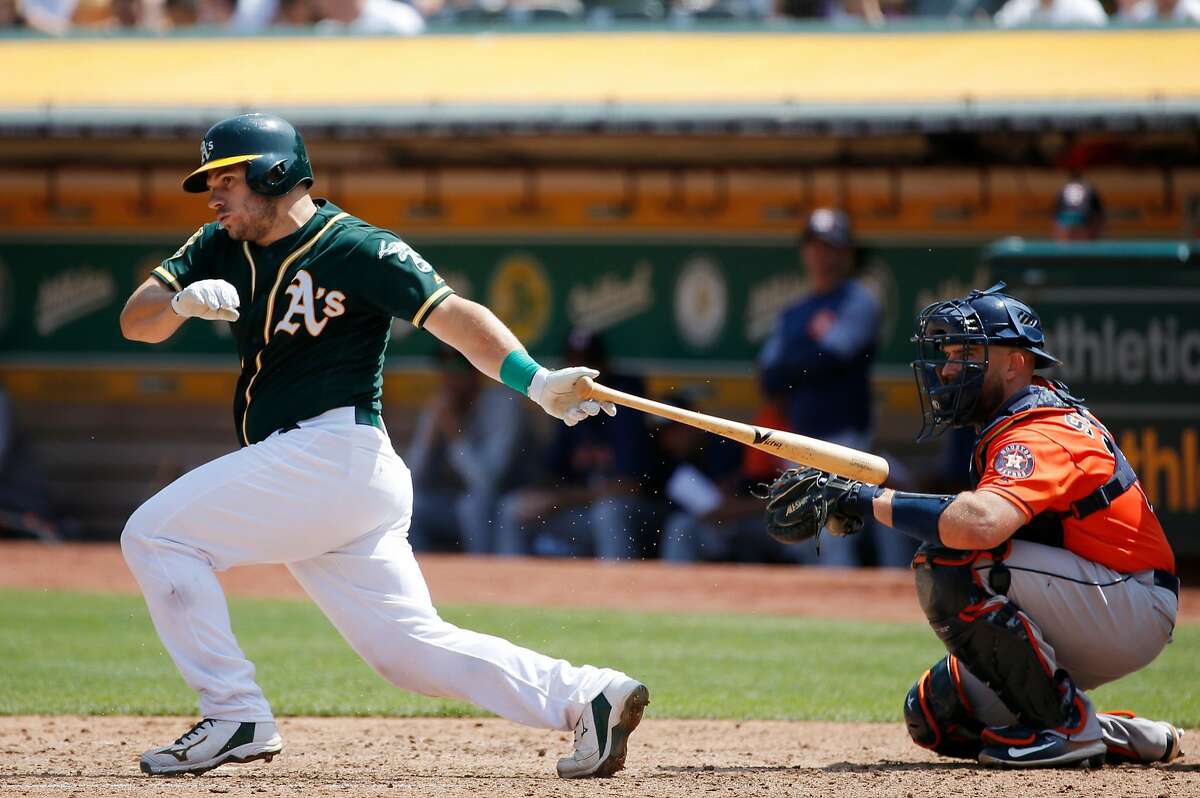 Oakland Athletics catcher Josh Phegley (19) during an MLB game between the Oakland Athletics and Houston Astros at the Oakland�Alameda County Coliseum on Saturday, Aug. 18, 2018, in Oakland, Calif.