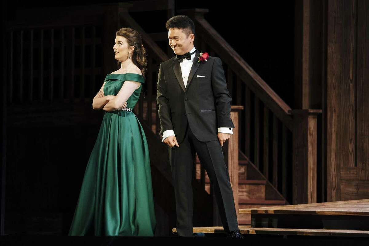 Simone McIntosh, playing the role as Beatrice, and Zhengyi Bai, playing the role as Beatrice Benedict, perform during a dress rehearsal for the Merola Grand Finale at the War Memorial Opera House in San Francisco, Calif., on Friday, Aug. 17, 2018.