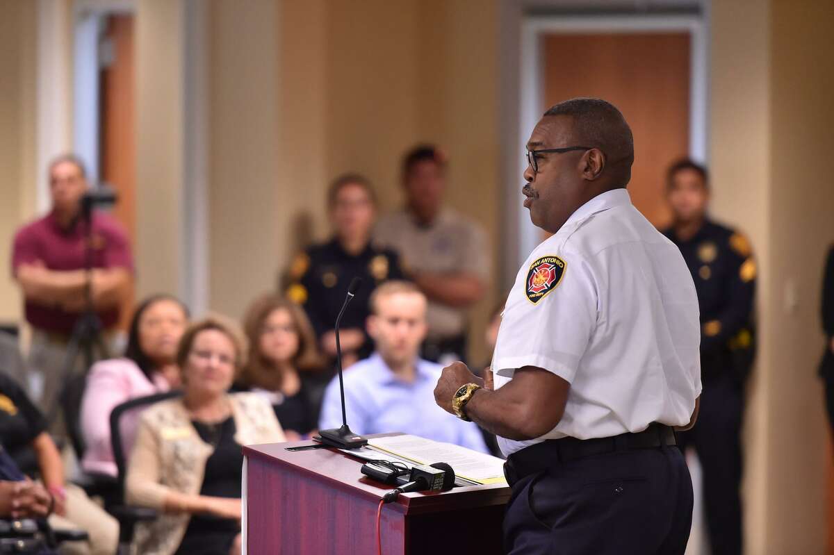 San Antonio Fire Chief Charles Hood speaks as a new collaboration was unveiled at the South Texas Regional Advisory Council headquarters Monday to help individuals experiencing a mental health crisis and to get them to the proper facility in the least amount of time.