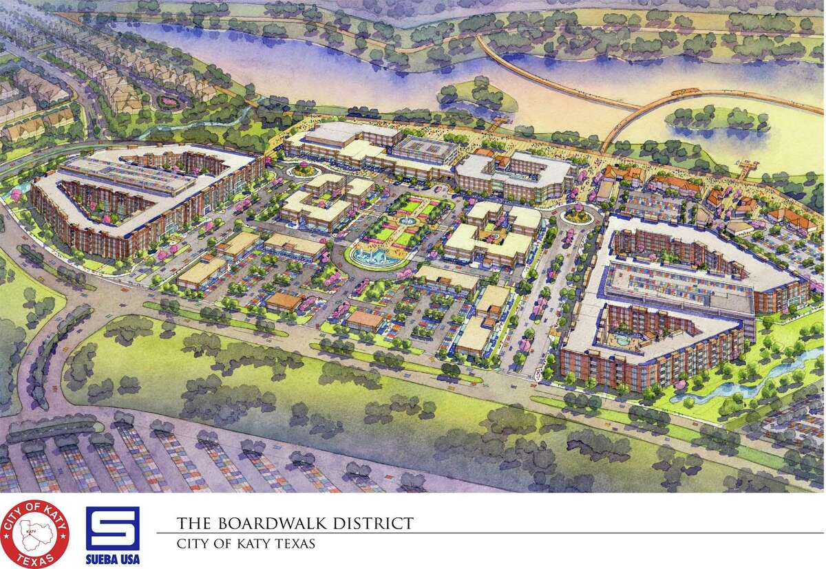 Katy’s boardwalk project is located next to Katy Mills Mall and features an estimated 2.5-mile path across an 80-foot pond, a hotel and 55,000-square-foot convention center and a retail plaza.