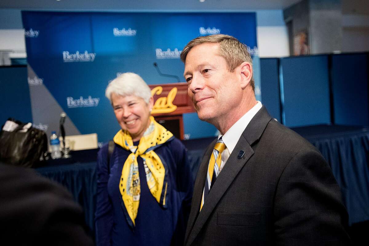 Jim Knowlton, incoming UC Berkeley athletic director, and UC Berkeley Chancellor Carol Christ speak with members of Cal's sports community on Monday, April 9, 2018, in Berkeley, Calif.