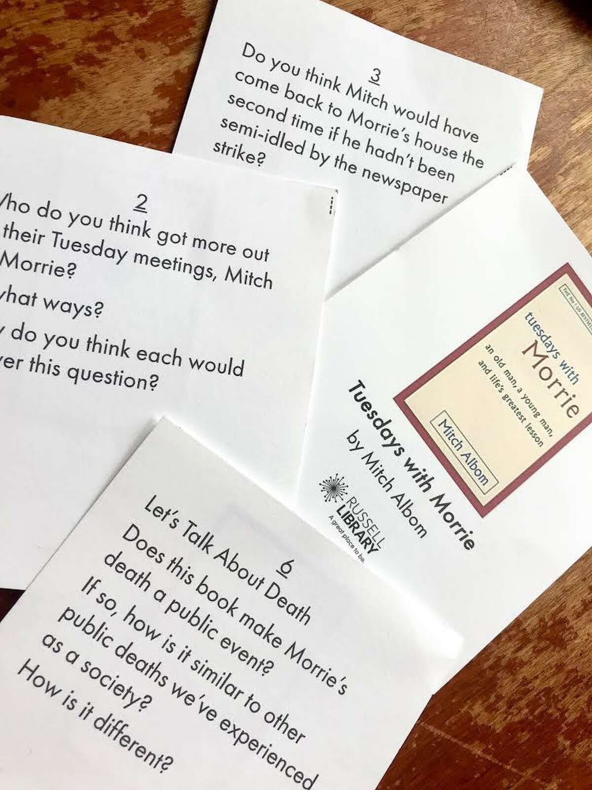Discussion cards for "Tuesdays With Morrie."