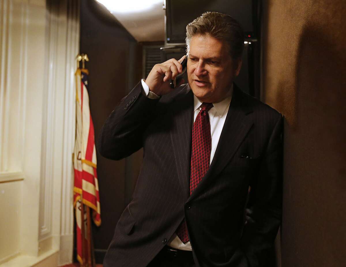 State Sen. Bob Hertzberg, D-Van Nuys, does a telephone interview with a radio station concerning his bail reform bill, Thursday, Aug. 16, 2018, in Sacramento, Calif. Lawmakers will have to decide whether to pass the bill before the end of the month. (AP Photo/Rich Pedroncelli)