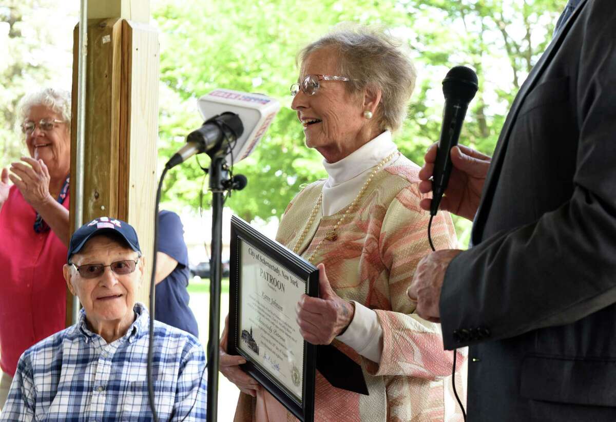 Karen Johnson is presented with the Patroon Award by Mayor Gary McCarthy on Monday, Aug. 20, 2018, at Steinmetz Park in Schenectady, N.Y. The Patroon Award is the highest honor the City of Schenectady can bestow upon its residents. (Will Waldron/Times Union)