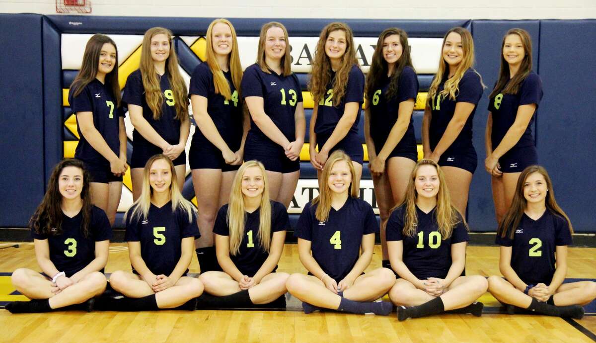 Members of the Bad Axe varsity volleyball team are (front row from left) Lauren Howard, Jailyn Campbell, Haylee Krug, Dana Weitenberner, Paige McIntyre and Laken Rosenthal (back row) Emily Volmering, Angel Knowlton, Laken Chapin, Marissa Brown, Olivia Britt, Shania Prill, Haley Miller and Eva Engel. (Mike Gallagher/Huron Daily Tribune)
