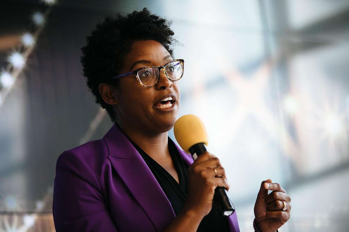 Christine Johnson addresses the crowd during her open remarks in a District 6 Supervisor debate at the Cloudflare in San Francisco, Calif., Tuesday, July 24, 2018.