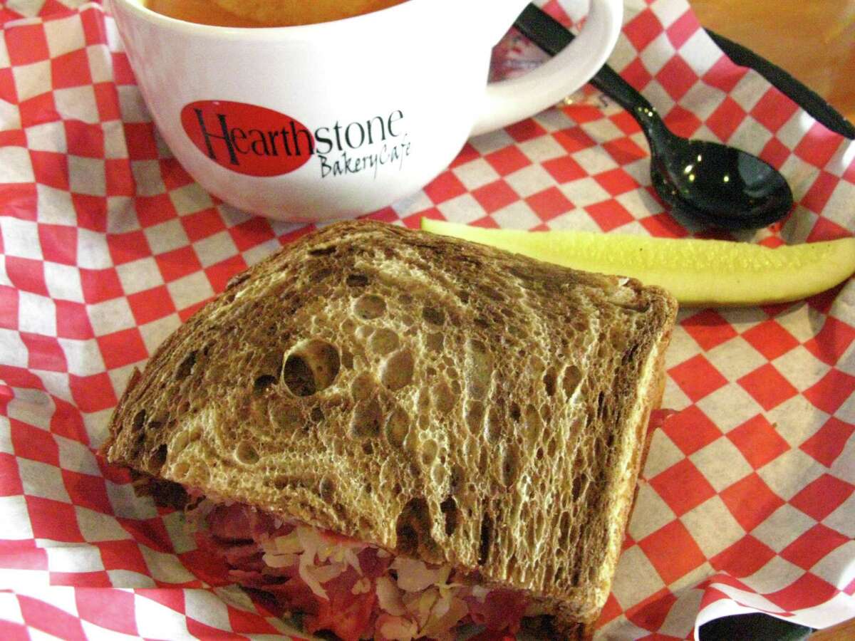 The half Reuben sandwich with a cup of tomato basil soup from Hearthstone Bakery Cafe