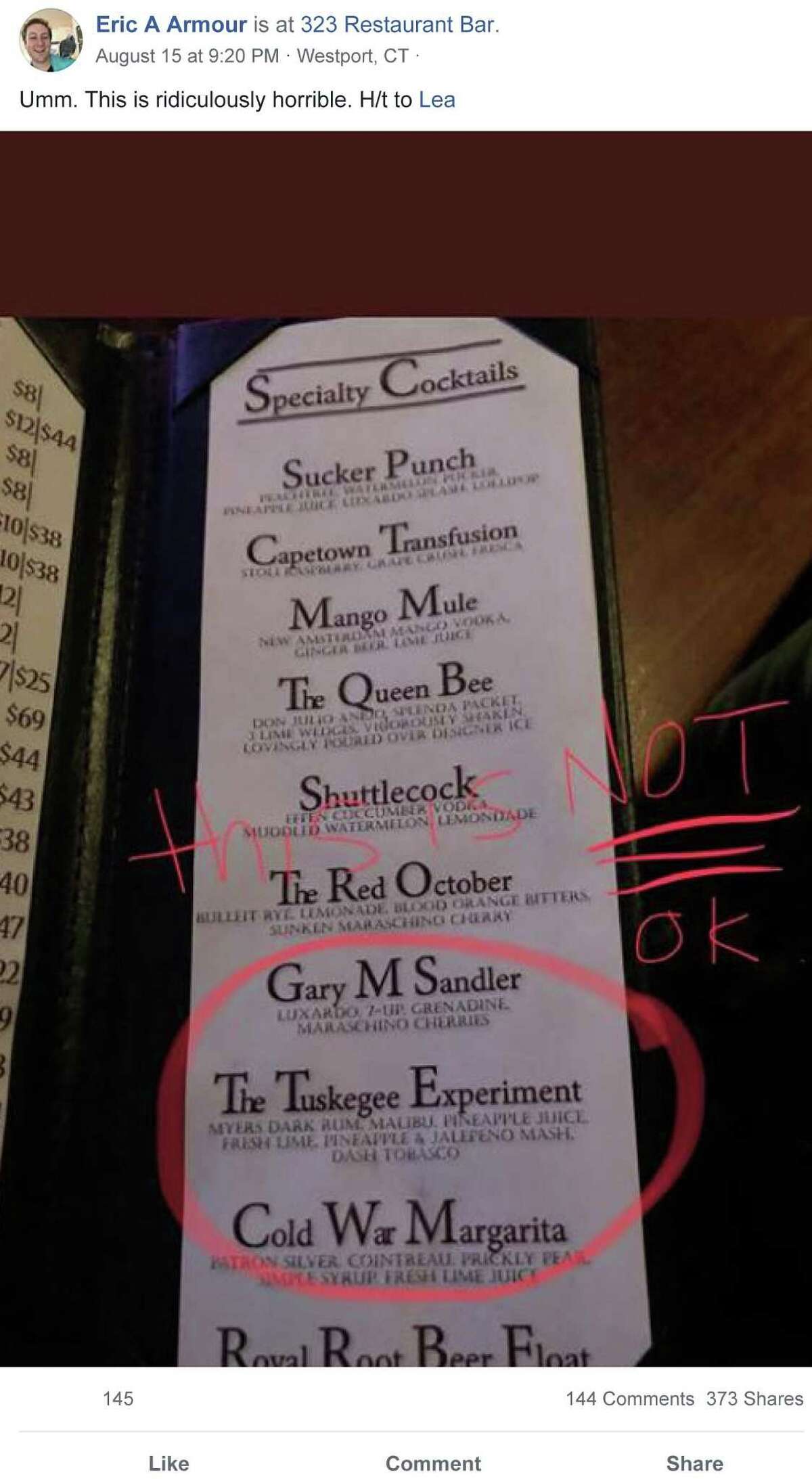 On Aug. 15, Eric A Armour posted a photo of the specialty cocktail menu at 323 Restaurant in Westport, which included a cocktail called "The Tuskegee Experiment."