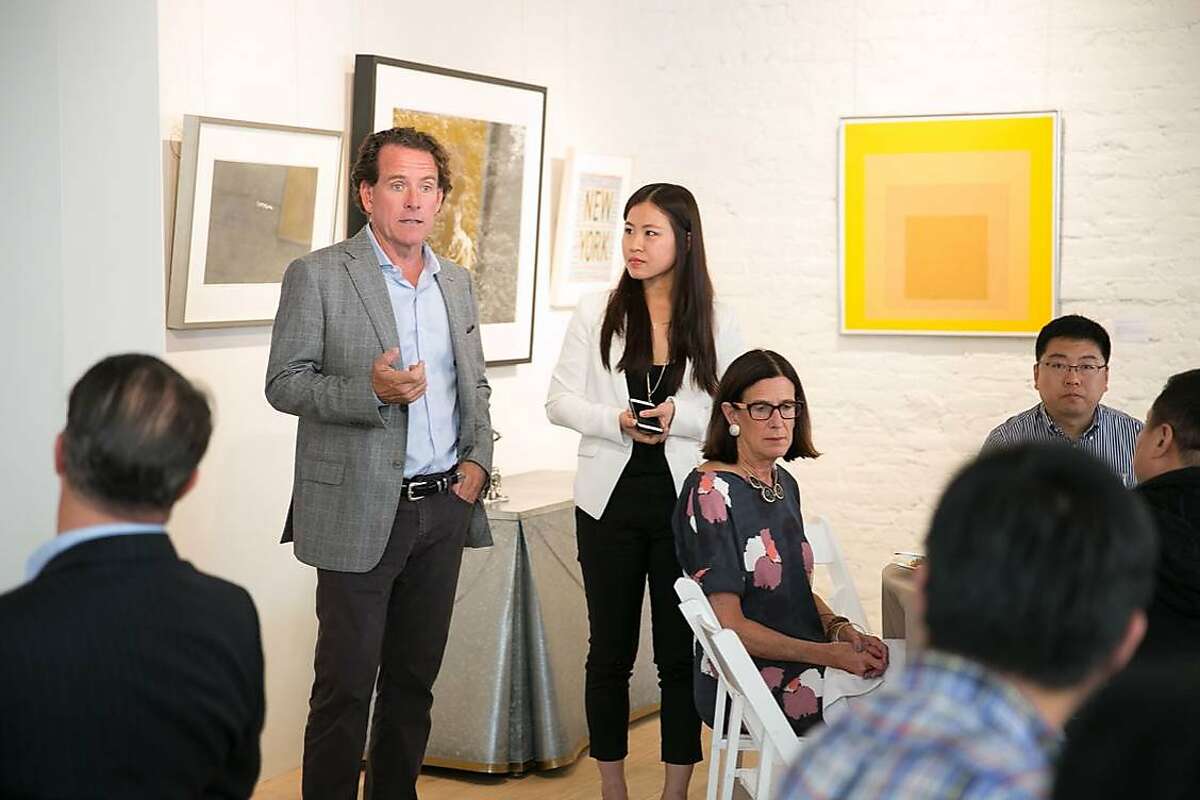 Pacific Union hosted a luncheon with Christie�s art team at the Hedge Gallery in San Francisco Oct. 9 for 18 CEOs from China�s well-known tech center, Geek Park. From left, Mark McLaughlin, Pacific Union CEO, Cathy Li, Pacific Union China concierge; Ellanor Notides, senior vice president of Christie's; Jack Zhang, founder of Geek Park