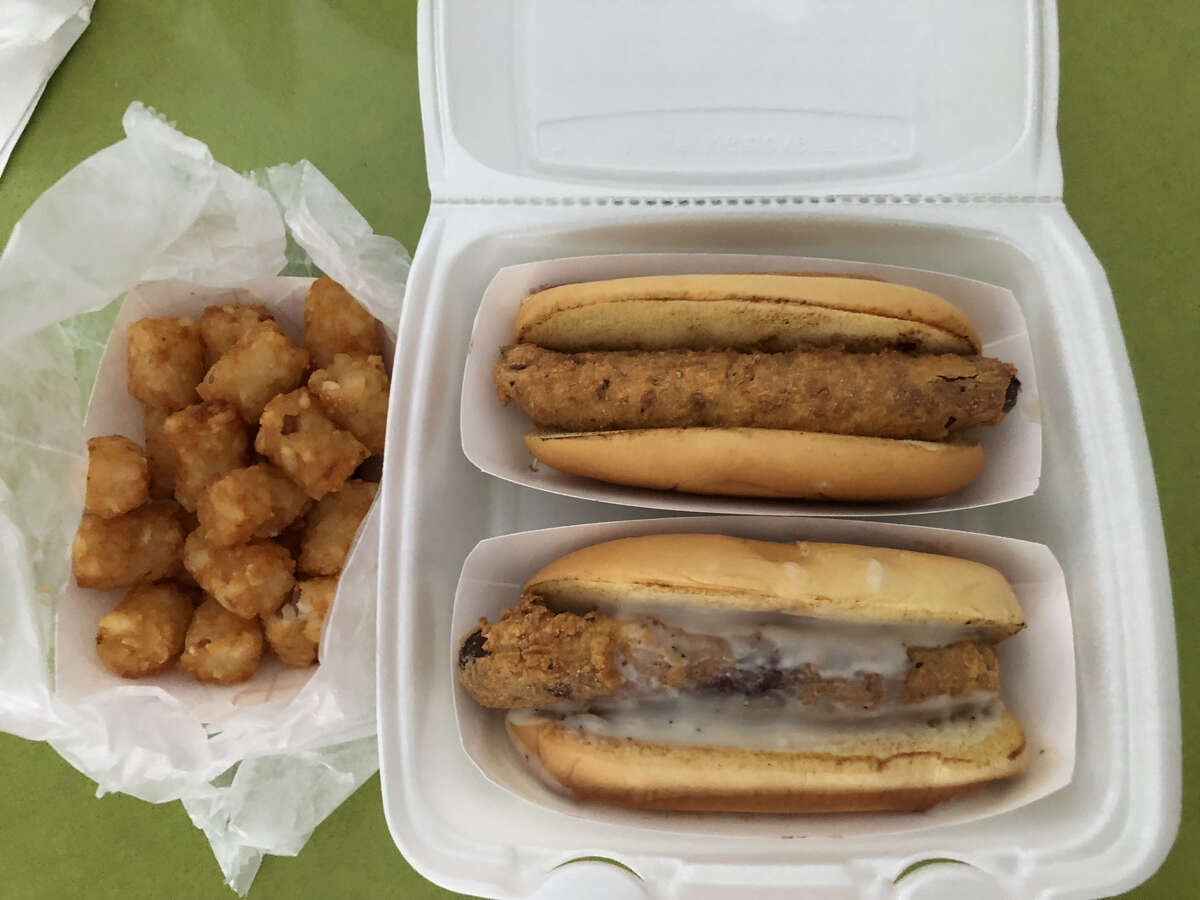 Tater tots and two Chicken Fried Dogs from JCI Grill.