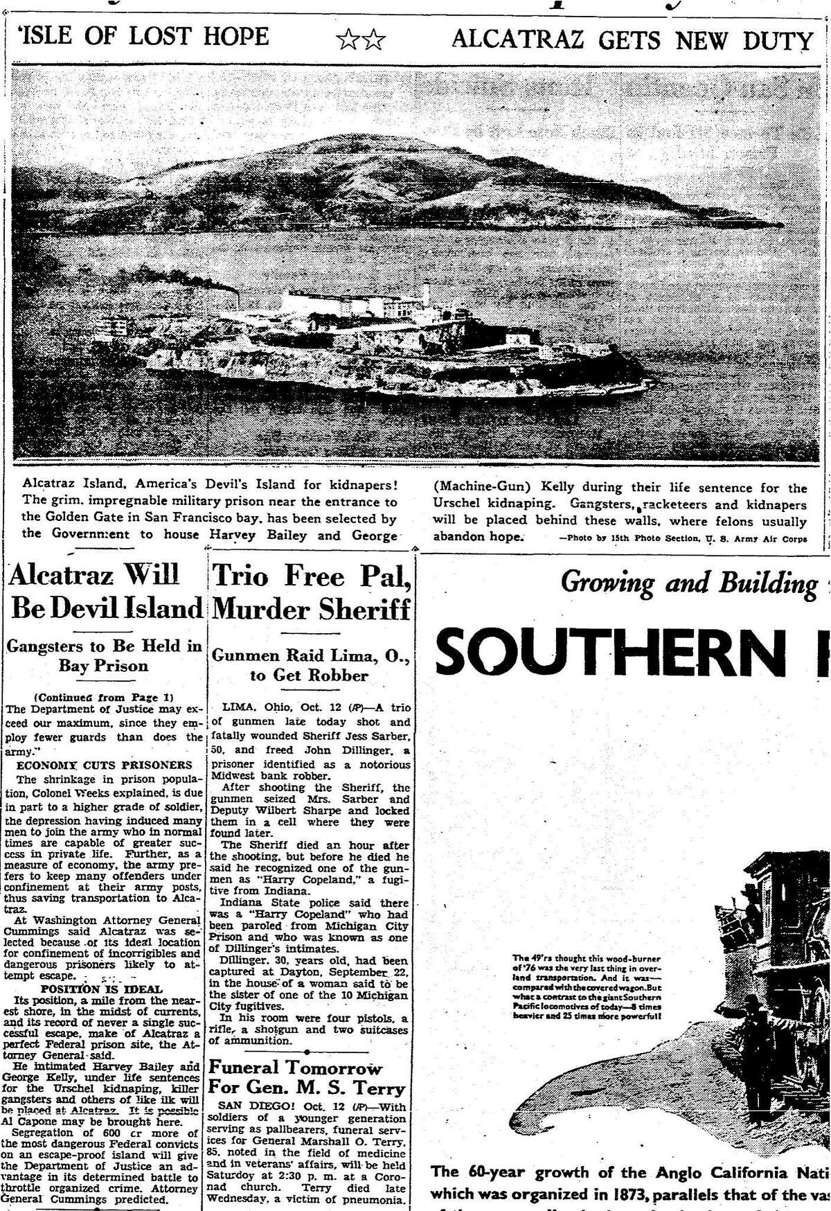 On October 13, 1933 the Chronicle reported on the announcement that the former U.S. Army disciplinary barricades on Alcatraz island would be turned into a federal prison.