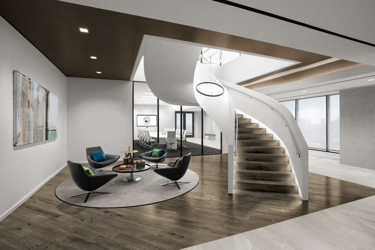 The landing area of a new stairwell connecting the 41st and 42nd floors of 2929 Allen Parkway at Musket’s new headquarters fosters collaboration between different groups. Musket is a sister company to Loves Travel Stops.