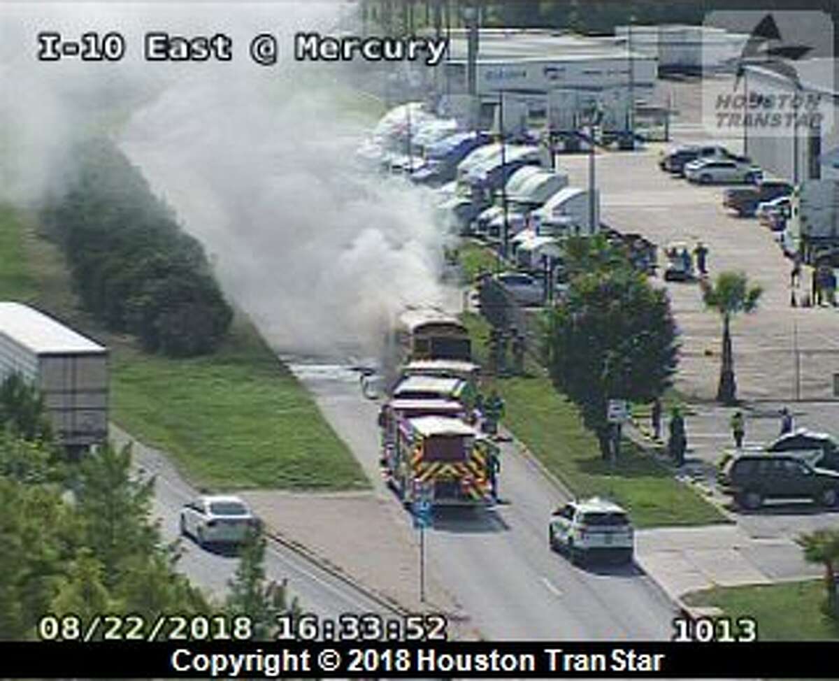A school bus is on fire on I-10 East feeder road near Mercury. image via Houston TranStar