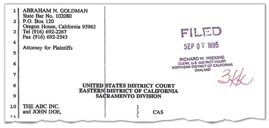 Abraham Goldman, the attorney for the Fellowship of Friends, filed this 1995 lawsuit in Oakland federal court complaining of sexual and religious discrimination against an unnamed "chief minister and spiritual leader." The suit concedes that the plaintiff had a sexual relationship with the defendant, who may have been Troy Buzbee, but says it was consensual.