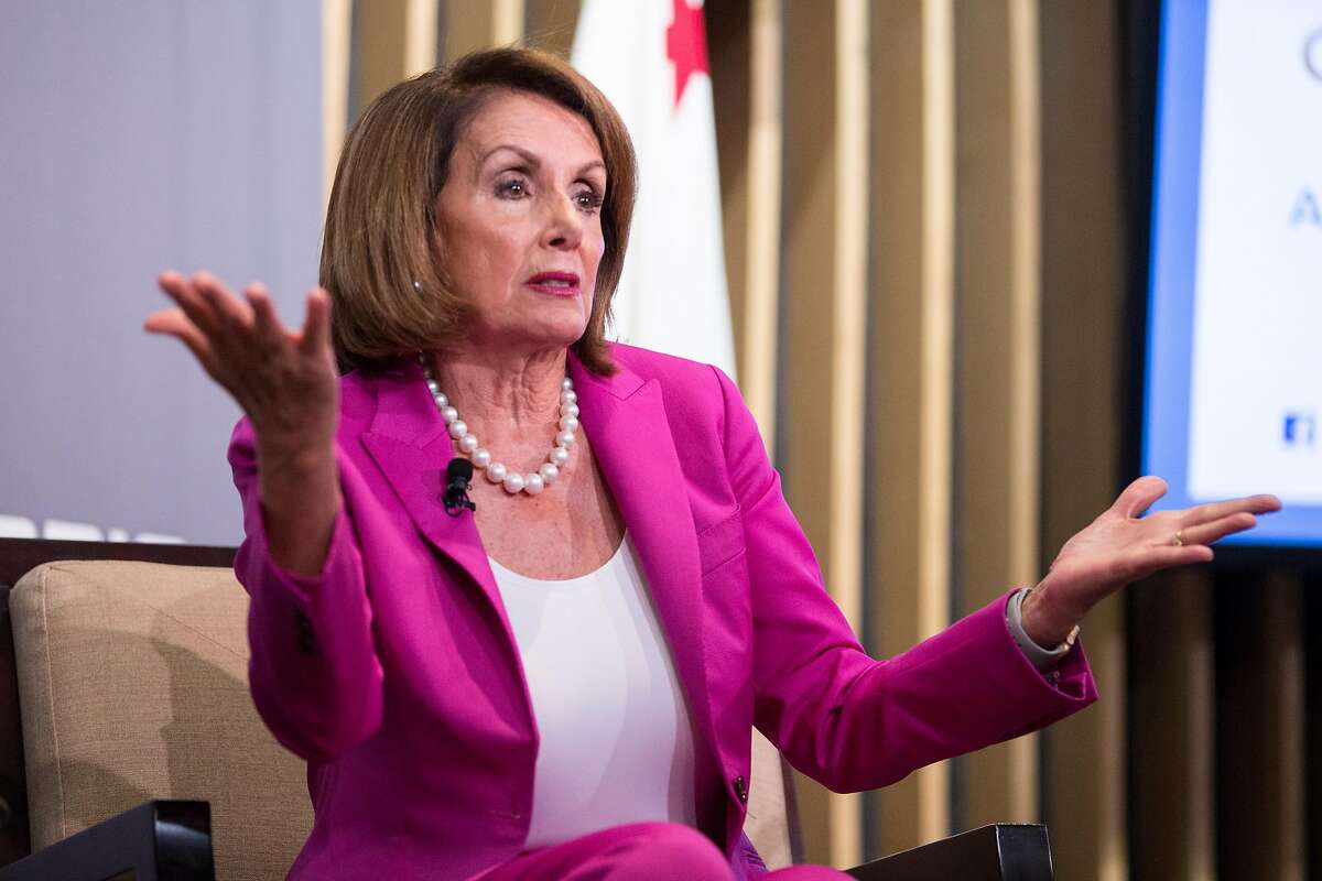 House Minority Leader Nancy Pelosi speaks during a conversation with Public Policy Institute of California President Mark Baldassare at the Public Policy Institute of California headquarters in the Financial District of San Francisco, Calif. Wednesday, Aug. 22, 2018
