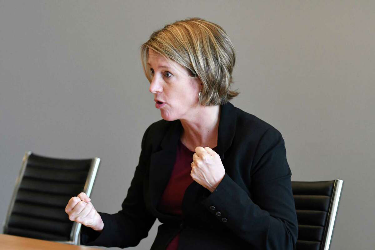 Zephyr Teachout, one of four Democrats seeking the nomination for state attorney general, speaks to the Times Union editorial board on Thursday, Aug. 23, 2018, at Times Union in Colonie N.Y. (Will Waldron/Times Union)