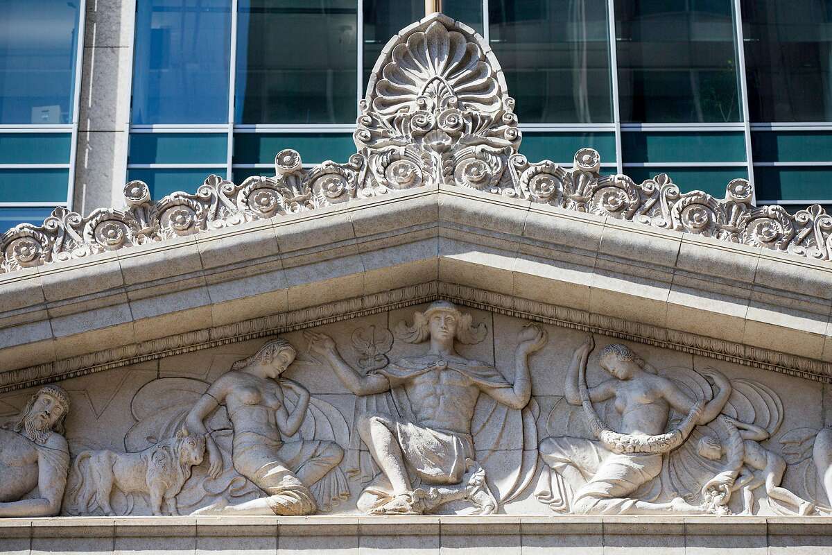 Detailed stonework covers the main entrance of the restored San Francisco Curb Exchange building at 350 Bush Street seen Thursday, Aug. 16, 2018 in the Financial District of San Francisco, Calif.