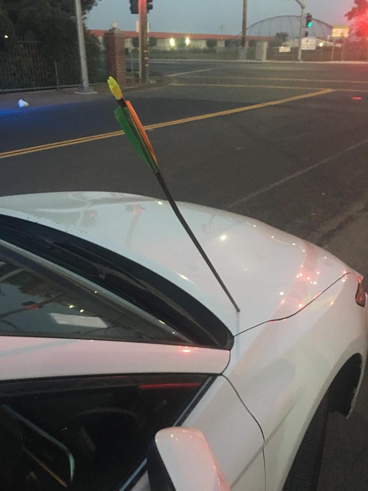 Stockton Driver Shocked To Discover Thud She Heard Was Arrow Stockton Driver Shocked To Discover Thud She Heard Was Arrow Spiking Car Hood