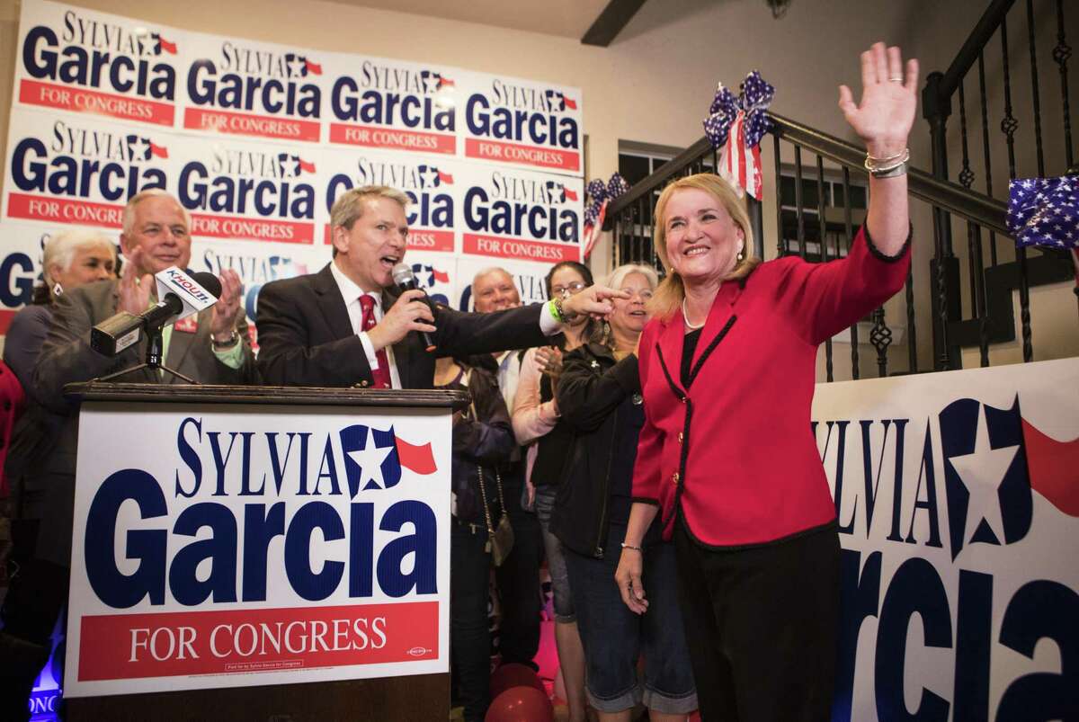 Sylvia Garcia approaches the podium to accept the primary elections victory, Tuesday, March 6, 2018, in Houston. ( Marie D. De Jesus / Houston Chronicle )